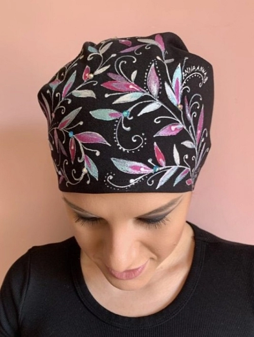 Šátek černý s růžovomodrými listy 01